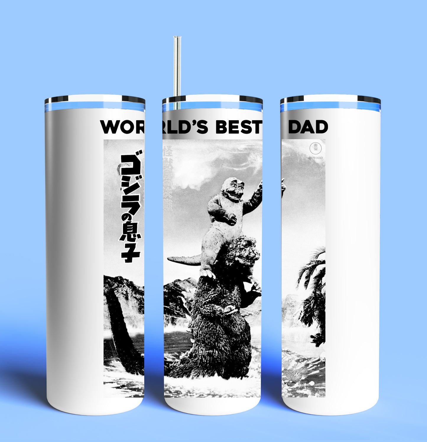 Worlds Best Dad Godzilla 20oz Skinny Tumbler (Lid and Plastic Straw Included)