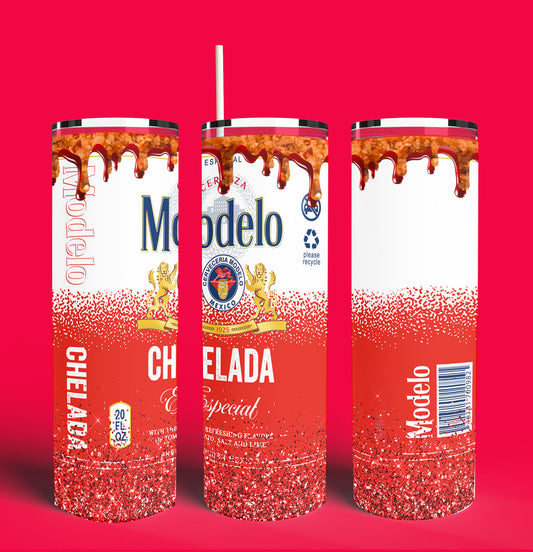 Modelo Chelada Especial Cerveza w/ Chamoy 20oz Skinny Tumbler (Lid and Plastic Straw Included)