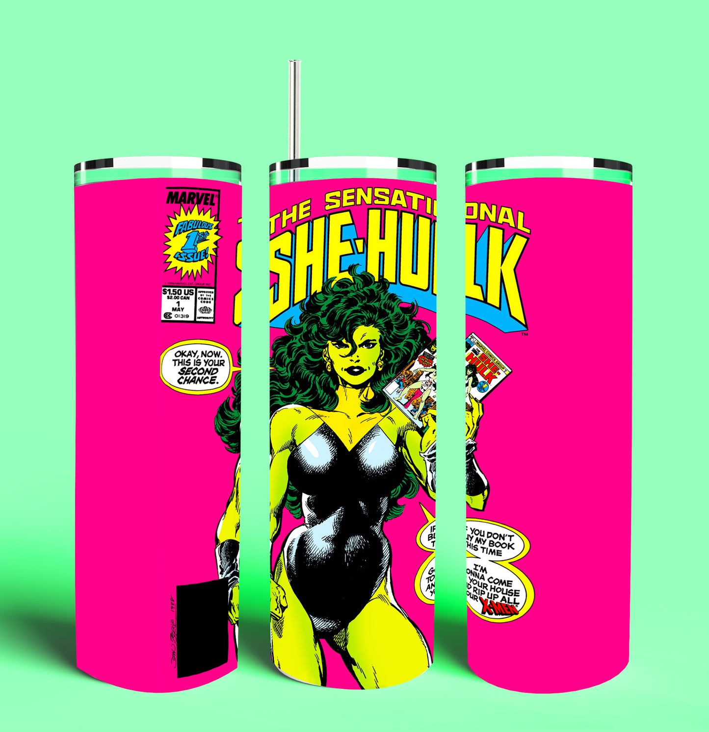 The Sensational She-Hulk Comic Book 20oz Skinny Tumbler (Lid and Plastic Straw Included)
